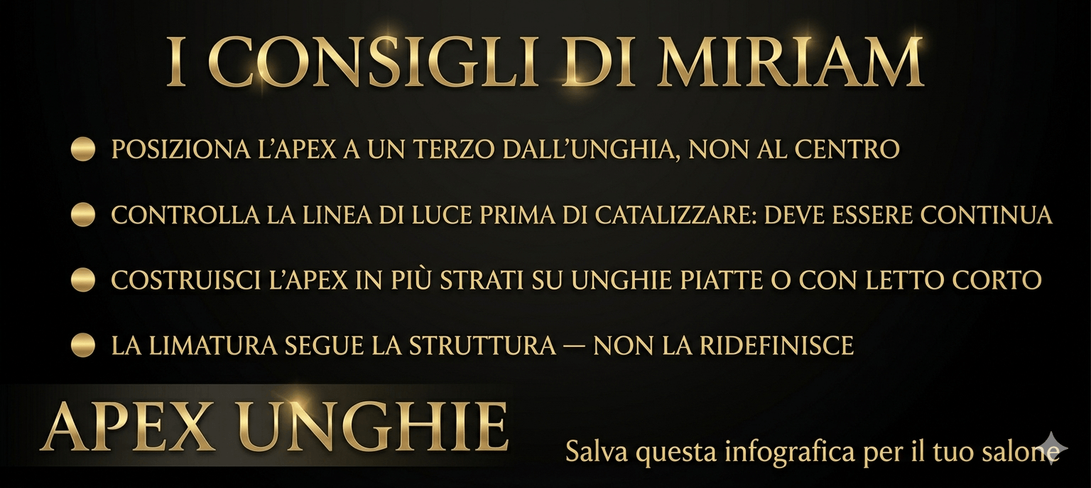 infografica con i consigli di Miriam Barca sull'apex unghie per una ricostruzione professionale duratura